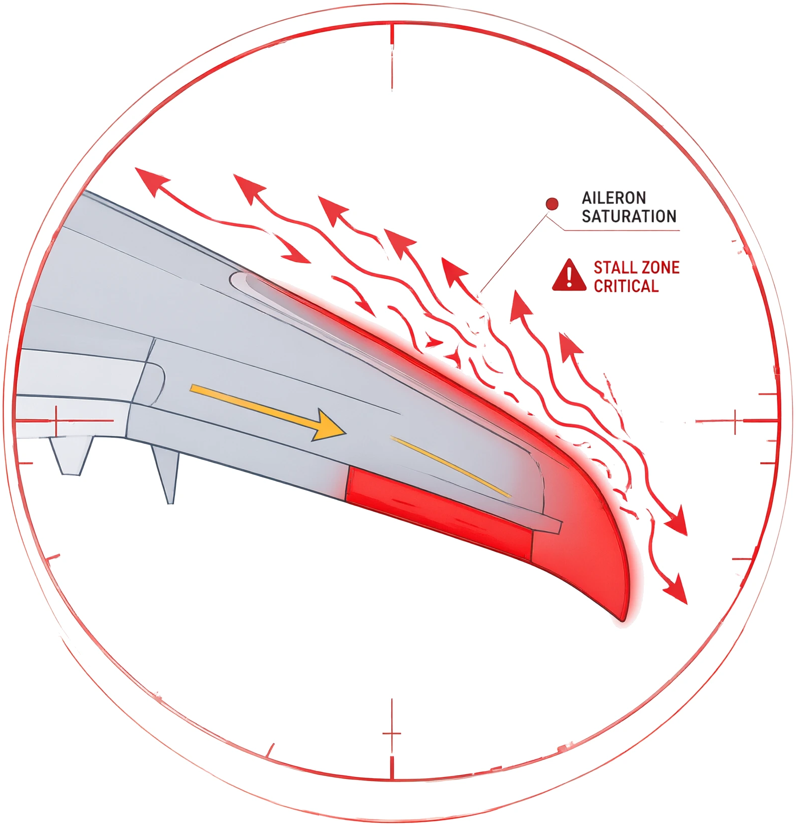 Circular inset of left wing tip showing airflow, stall zone and aileron saturation